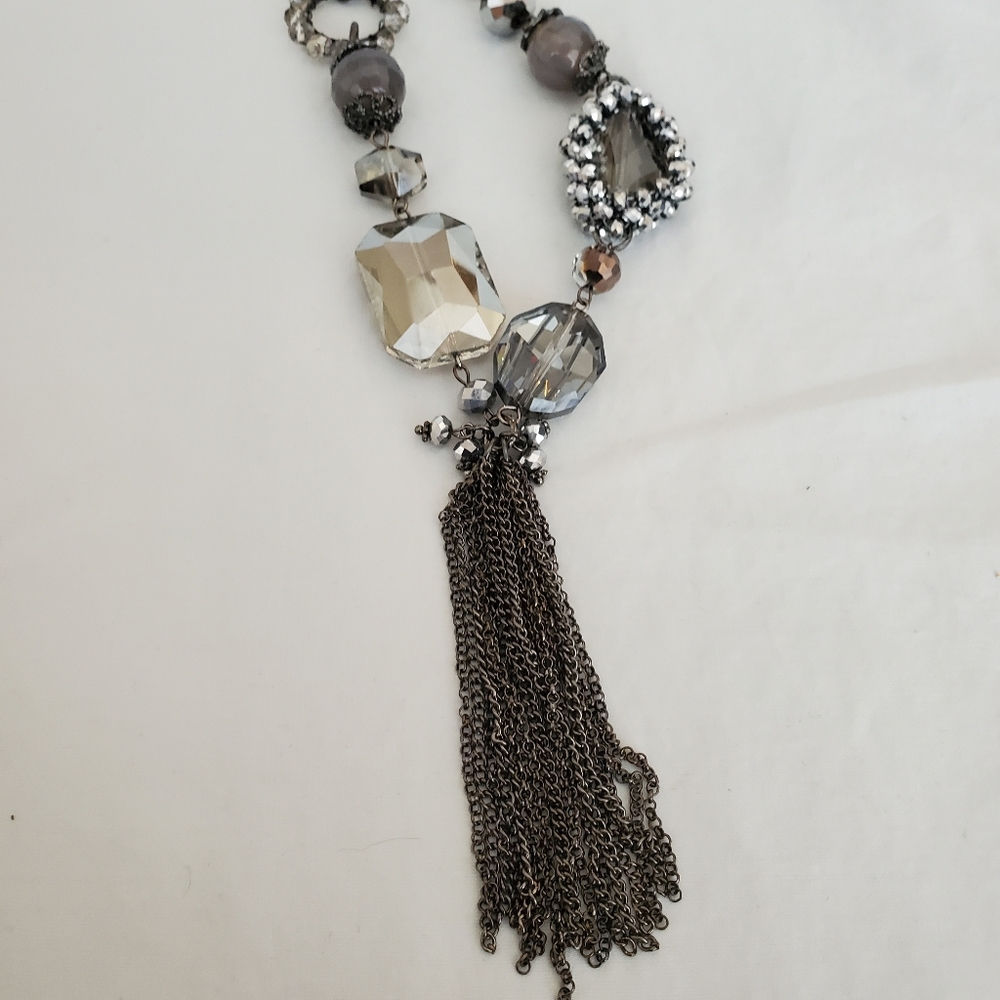 Silver Gem Sparkly Mixed Texture Long Gunmetal Silver Tone Long Necklace - Picture 3 of 11